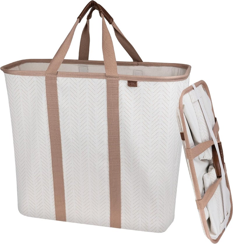 CleverMade Collapsible Laundry Caddy LUXE Cream Herringbone 2Pack 64L Foldable Storage Organization Container Clothes Laundry Room Storage Solution