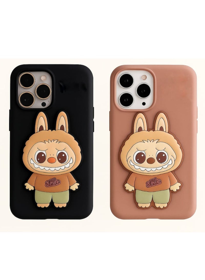 Case Club 2pcs Combo 3D Labubu Bunny Case Combo for iPhone 15 Pro – Cute Smile Cartoon Soft Silicone Cover (Pack of 2 – Black & Brown) - Image 1