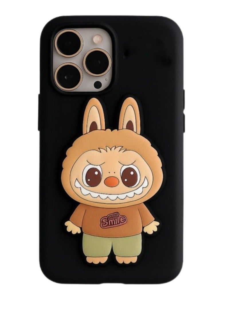Case Club 2pcs Combo 3D Labubu Bunny Case Combo for iPhone 15 Pro – Cute Smile Cartoon Soft Silicone Cover (Pack of 2 – Black & Brown) - Image 2