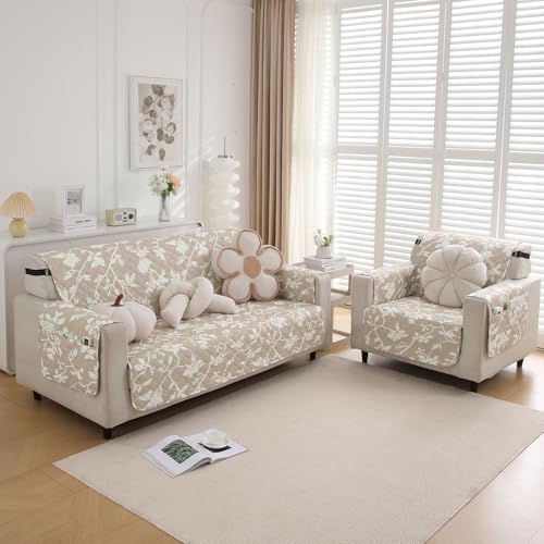 HOKIPO 'Elira Series' Polyester Blend Quilted Water Repellent + Waterproof + Quick Dry Sofa Cover Mat for 1 Seater Sofa with Pockets On Armrest Cover - Buff Brown Sillehoute Floral (AR-5238-C7) - Image 4