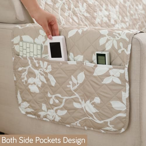 HOKIPO 'Elira Series' Polyester Blend Quilted Water Repellent + Waterproof + Quick Dry Sofa Cover Mat for 1 Seater Sofa with Pockets On Armrest Cover - Buff Brown Sillehoute Floral (AR-5238-C7) - Image 3