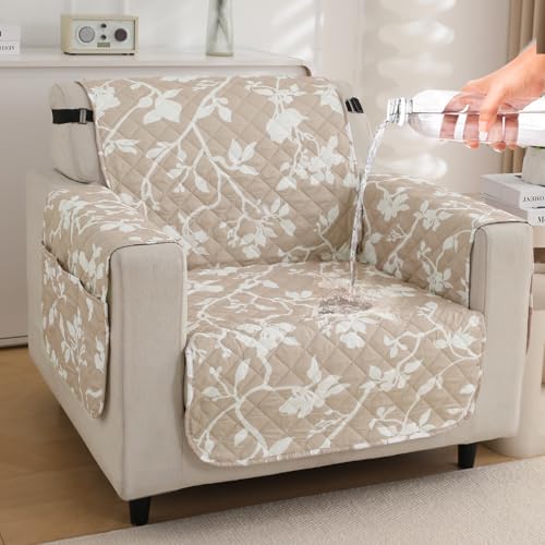 HOKIPO 'Elira Series' Polyester Blend Quilted Water Repellent + Waterproof + Quick Dry Sofa Cover Mat for 1 Seater Sofa with Pockets On Armrest Cover - Buff Brown Sillehoute Floral (AR-5238-C7) - Image 1
