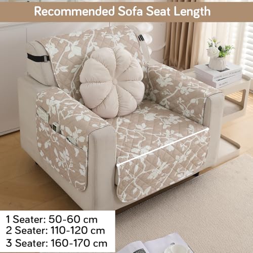 HOKIPO 'Elira Series' Polyester Blend Quilted Water Repellent + Waterproof + Quick Dry Sofa Cover Mat for 1 Seater Sofa with Pockets On Armrest Cover - Buff Brown Sillehoute Floral (AR-5238-C7) - Image 5