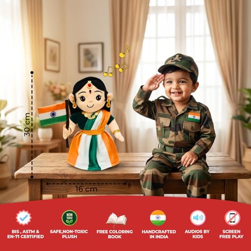 Panda's Box Mantra Chanting Bharat MATA | As Seen on Shark Tank | Musical Soft Plush Toy | Non-Toxic, Safe| Best Gift for Republic, Independence Day for Kids(Boys,Girls)| Free Colouring Book| 30 CM - Image 2