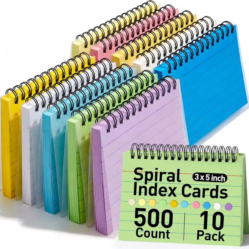 Koogel 500PCS Multicolor Index Cards, Ruled Flash Cards with Double Covers Record Revision Note Paper with Spiral 5x3 Inches for School Office Household Memory Learning Taking To Do List - Image 1