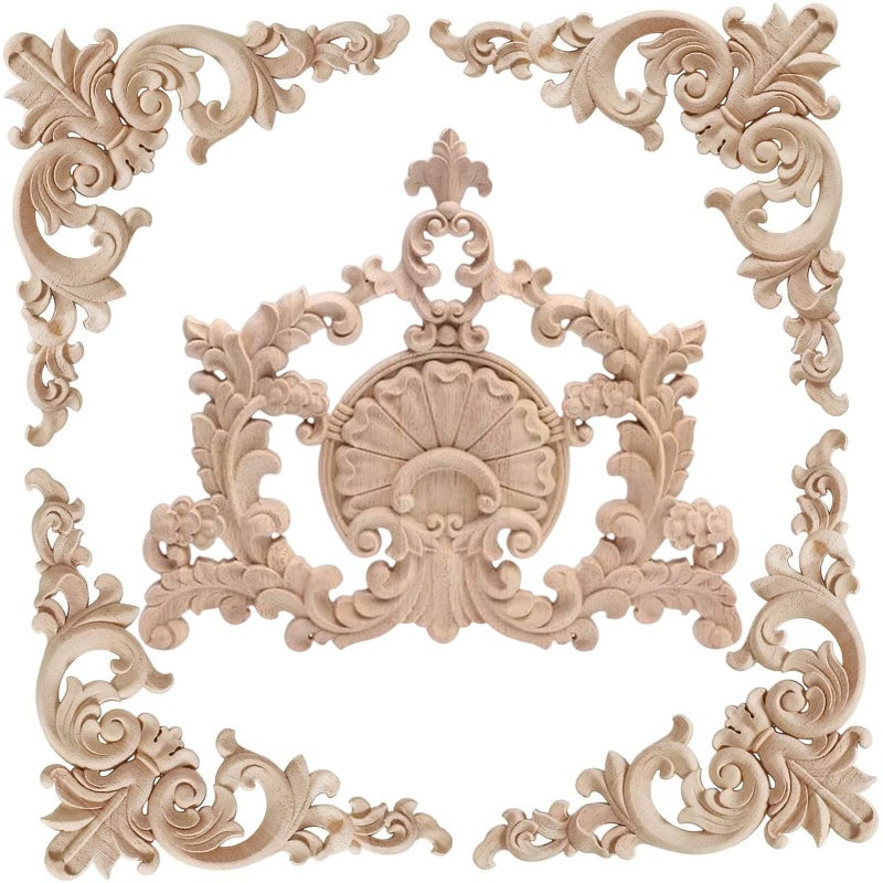 LXYUUM 5PCS Wood Appliques Onlays Decorative for Furniture Bed Door Cabinet Wardrobe Unpainted Wood Carving Decoration01