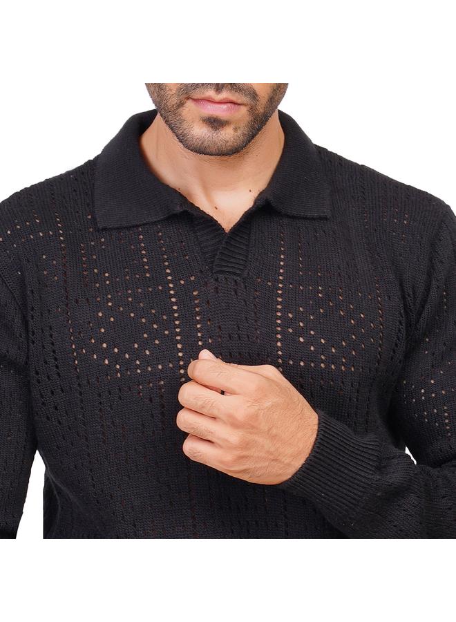 كوب كنزة رجالية كاجوال بأكمام طويلة  - أسود - Image 4