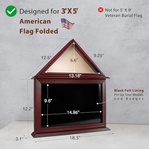 ASmileIndeep Flag Display Case Box for Folded 3'x5' American Flag Solid Wood Military Flag Certificate Shadow Box with Wall Mount Display Flag Frame Holder for Badges Medals (Mahogany) - Image 4
