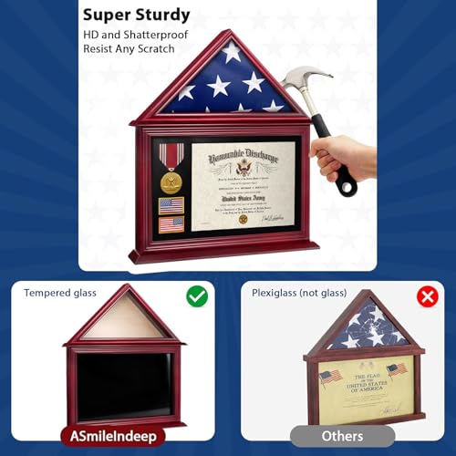 ASmileIndeep Flag Display Case Box for Folded 3'x5' American Flag Solid Wood Military Flag Certificate Shadow Box with Wall Mount Display Flag Frame Holder for Badges Medals (Mahogany) - Image 3