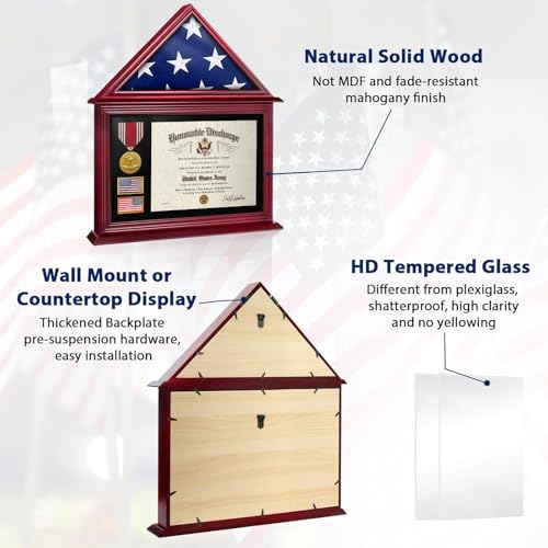 ASmileIndeep Flag Display Case Box for Folded 3'x5' American Flag Solid Wood Military Flag Certificate Shadow Box with Wall Mount Display Flag Frame Holder for Badges Medals (Mahogany) - Image 2