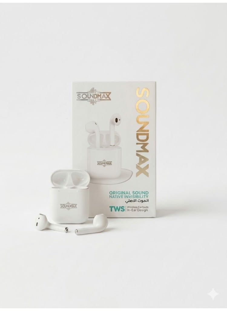 Soundmax سماعات أذن SoundMax 2، لاسلكية بتقنية بلوتوث 5.3، عمر بطارية يصل إلى 40 ساعة، 3 ساعات من تشغيل الموسيقى بشحنة 10 دقائق، مريحة، مقاومة للغبار ورذاذ الماء، لون أبيض سيراميكي - Image 1