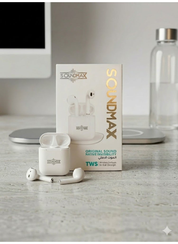 Soundmax سماعات أذن SoundMax 2، لاسلكية بتقنية بلوتوث 5.3، عمر بطارية يصل إلى 40 ساعة، 3 ساعات من تشغيل الموسيقى بشحنة 10 دقائق، مريحة، مقاومة للغبار ورذاذ الماء، لون أبيض سيراميكي - Image 2