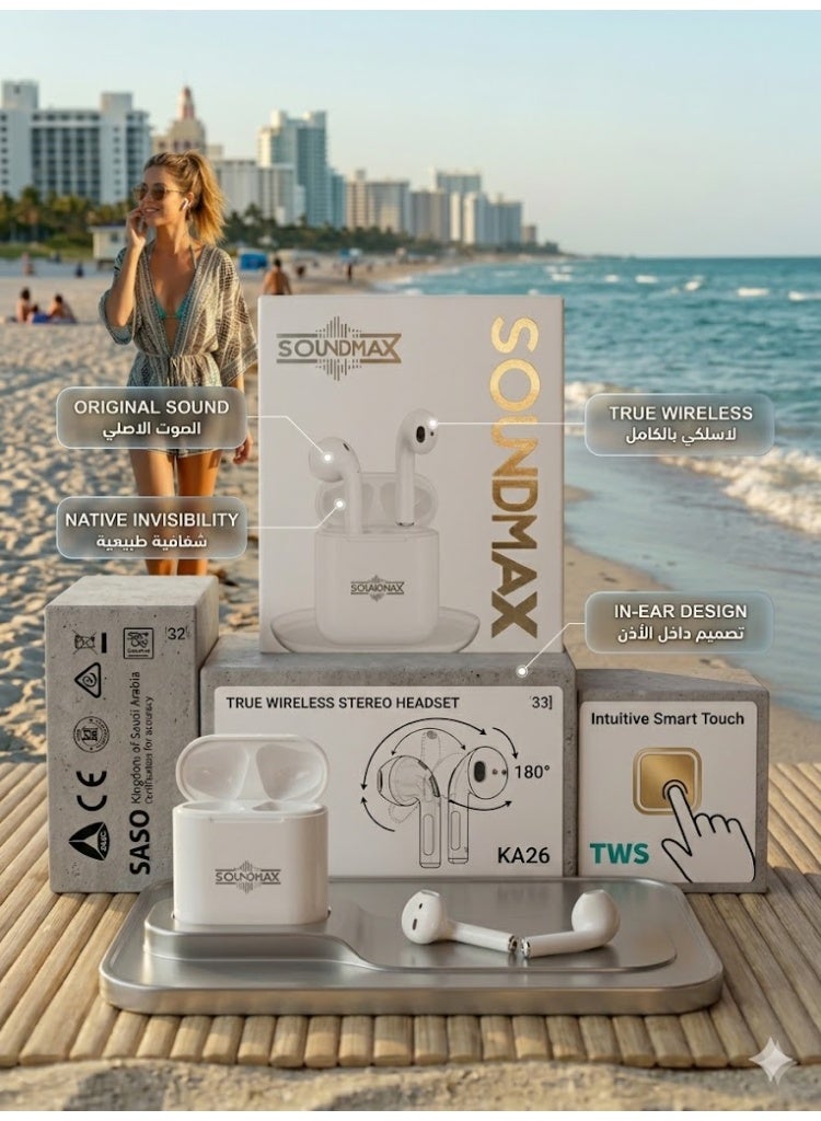 Soundmax سماعات أذن SoundMax 2، لاسلكية بتقنية بلوتوث 5.3، عمر بطارية يصل إلى 40 ساعة، 3 ساعات من تشغيل الموسيقى بشحنة 10 دقائق، مريحة، مقاومة للغبار ورذاذ الماء، لون أبيض سيراميكي - Image 3