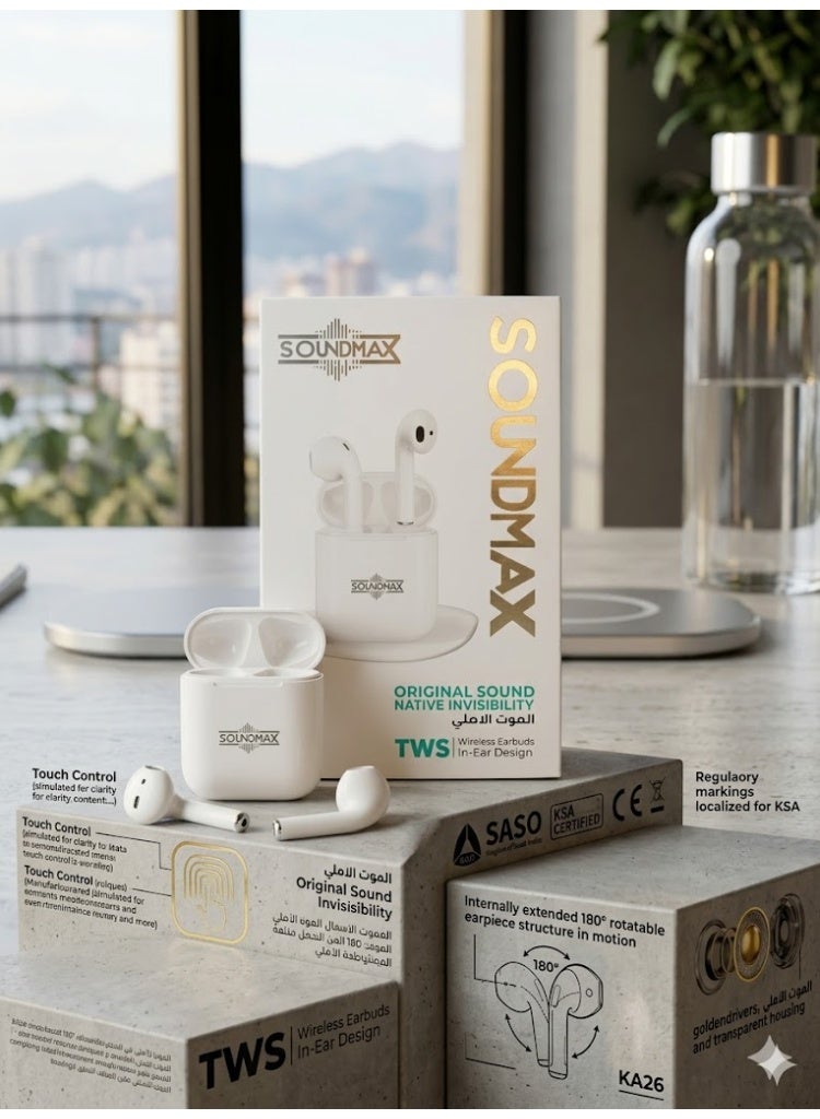 Soundmax سماعات أذن SoundMax 2، لاسلكية بتقنية بلوتوث 5.3، عمر بطارية يصل إلى 40 ساعة، 3 ساعات من تشغيل الموسيقى بشحنة 10 دقائق، مريحة، مقاومة للغبار ورذاذ الماء، لون أبيض سيراميكي - Image 4