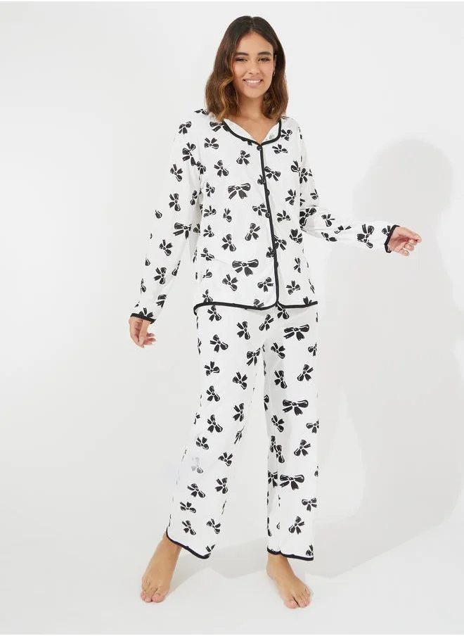 Styli Bowknot Print Long Sleeve Shirt & Pyjama Set