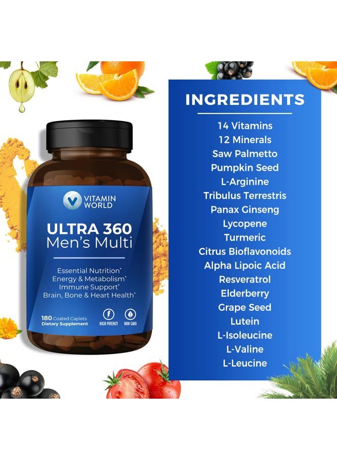 VITAMIN WORLD Ultra 360 Multivitamin for Men, Men's Multivitamin with Herbs & Antioxidants for Energy & Performance, Supplement with Vitamin A, C, D, E, B12 & Zinc for Immune Support, 180 Caplets - Image 5