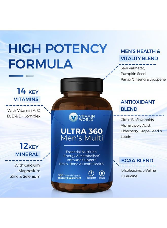 VITAMIN WORLD Ultra 360 Multivitamin for Men, Men's Multivitamin with Herbs & Antioxidants for Energy & Performance, Supplement with Vitamin A, C, D, E, B12 & Zinc for Immune Support, 180 Caplets - Image 3
