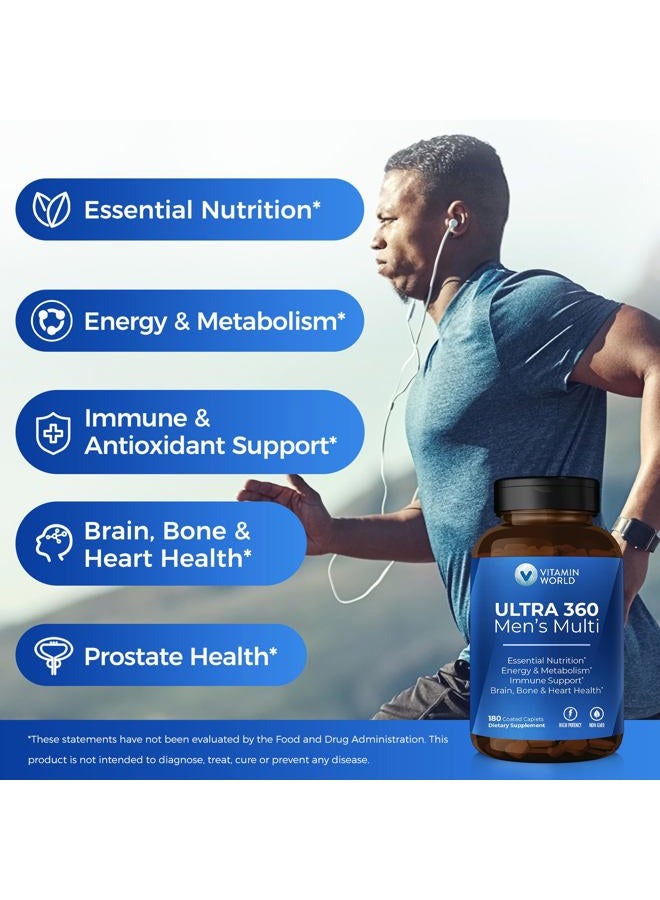 VITAMIN WORLD Ultra 360 Multivitamin for Men, Men's Multivitamin with Herbs & Antioxidants for Energy & Performance, Supplement with Vitamin A, C, D, E, B12 & Zinc for Immune Support, 180 Caplets - Image 4