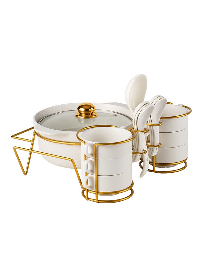 Shallow Porcelain 16-Piece Soup Set with Matt Fleck Gold/black Stand Rack - Image 1