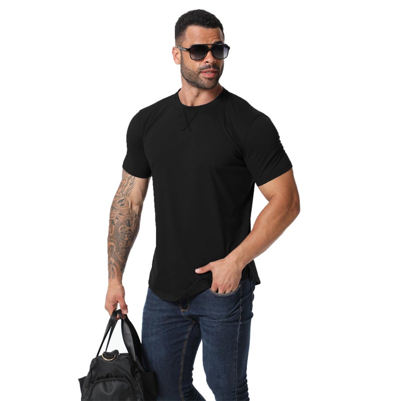 TEZO Mens 3 Pack Plain Cotton Shirts Short Sleeve Casual Crew Neck T-Shirts Hipster Hip Hop Longline Tees Shirts Drop Cut Curved Hem Shirt (BKDGKA M) - Image 5