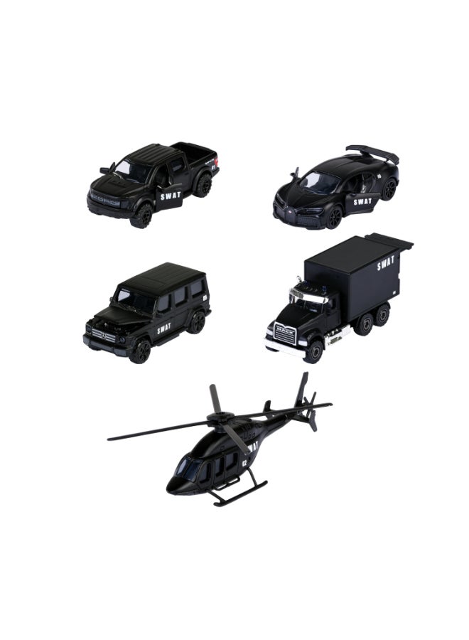 Majorette SWAT 5 Diecast Giftpack, 5 Metal Toy Vehicles with SWAT Styling, Diecast Cars and Helicopter, Freewheel, Suspension and Opening Parts, Collector Set for Kids Ages 3+ - Image 3