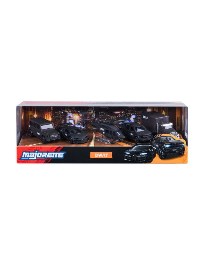 Majorette SWAT 5 Diecast Giftpack, 5 Metal Toy Vehicles with SWAT Styling, Diecast Cars and Helicopter, Freewheel, Suspension and Opening Parts, Collector Set for Kids Ages 3+ - Image 1