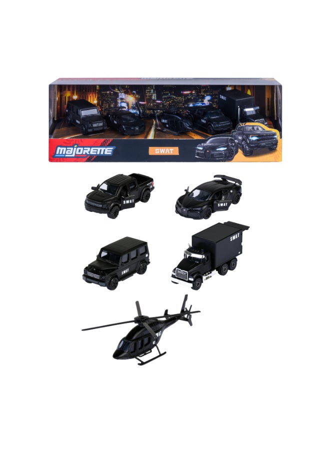 Majorette SWAT 5 Diecast Giftpack, 5 Metal Toy Vehicles with SWAT Styling, Diecast Cars and Helicopter, Freewheel, Suspension and Opening Parts, Collector Set for Kids Ages 3+ - Image 2