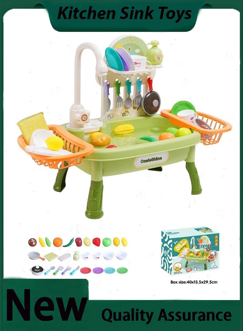 يواوليتي ألعاب حوض المطبخ العاب طبخ، 34 قطعة العاب مطبخ مجموعة ألعاب مائية للأطفال مع مياه جارية، ألعاب غسالة أطباق للأطفال، ألعاب غسالة أطباق للبنات والأولاد (أخضر) - Image 1