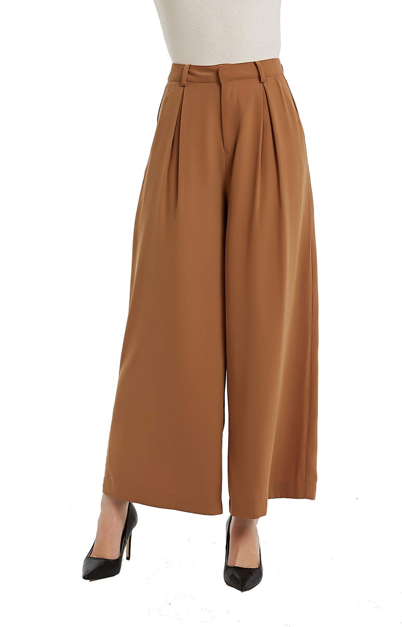 Tronjori Women High Waist Casual Wide Leg Long Palazzo Pants Trousers Regular Size(S,Brown Short) - Image 1