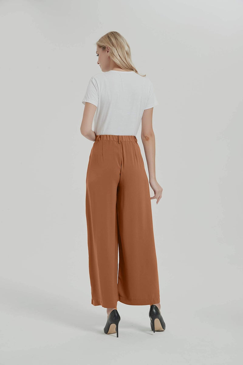 Tronjori Women High Waist Casual Wide Leg Long Palazzo Pants Trousers Regular Size(S,Brown Short) - Image 4