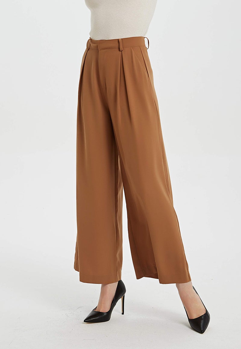 Tronjori Women High Waist Casual Wide Leg Long Palazzo Pants Trousers Regular Size(S,Brown Short) - Image 5