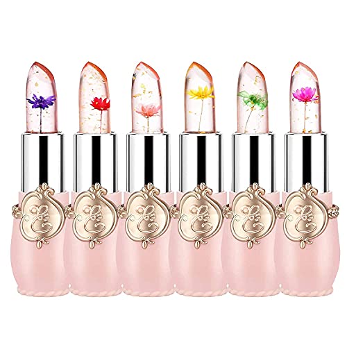 firstfly Pack of 6 Crystal Flower Jelly Lipstick Long Lasting Nutritious Lip Balm Lips Moisturizer Magic Temperature Color Change Lip Gloss Pink