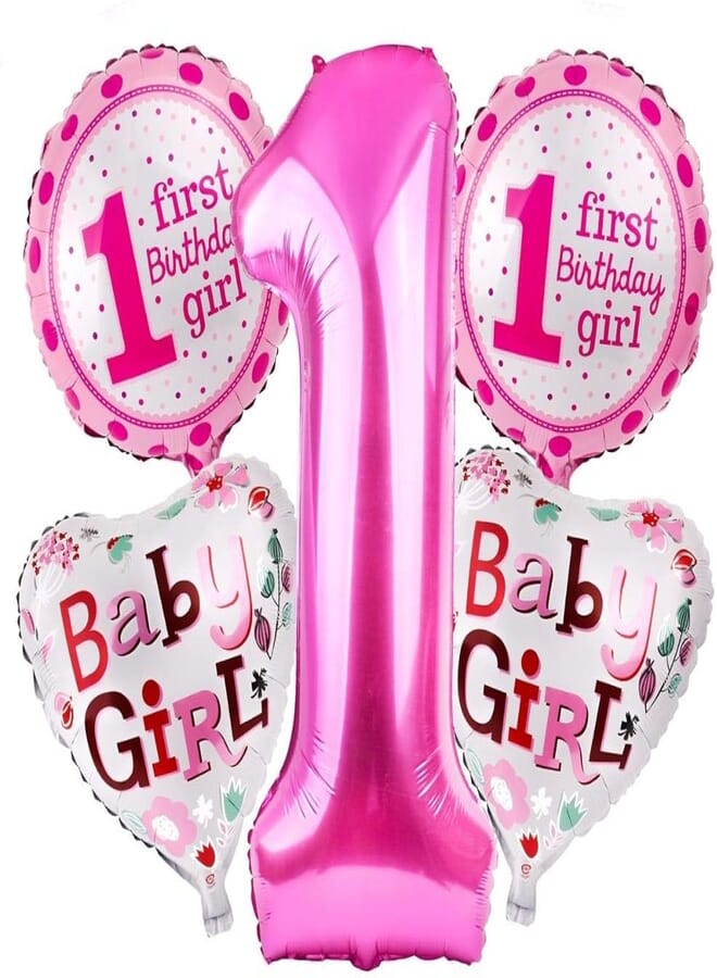 5 pcs/set Foil Balloons Baby First Birthday - Girl Anniversary Party Decoration - I AM ONE Year Celebration - Helium Balloon Wall Decor - Baby Shower - (Pink)