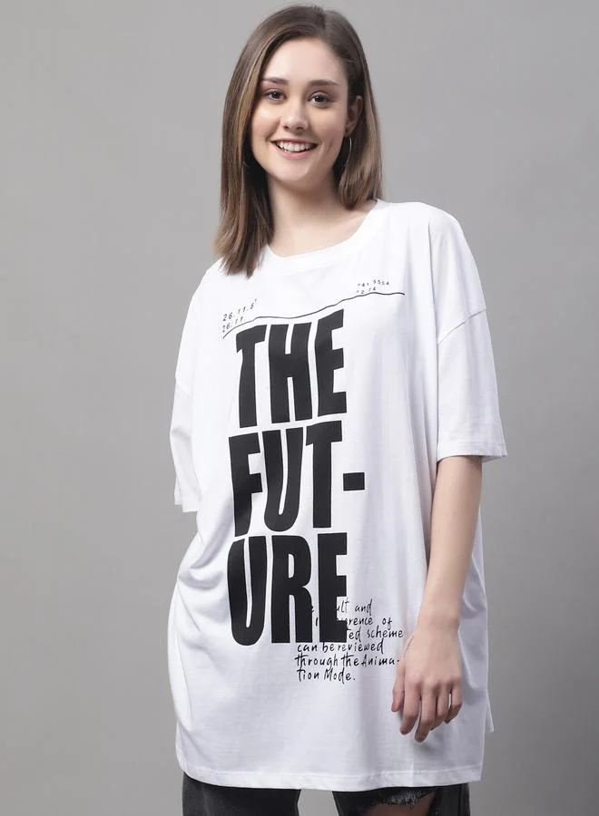 Styli Women White Oversized Slogan Print T-Shirt By Door74