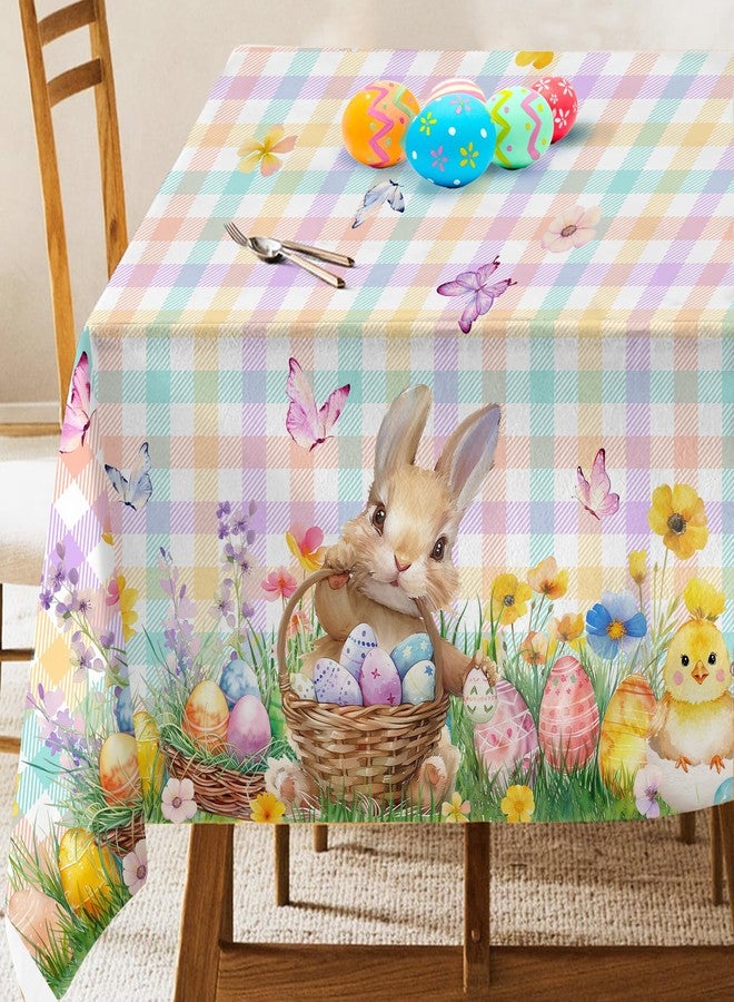 LEWARAN Easter Tablecloth 60x84 Inch Rectangle, Easter Decorations for The Home Bunny and Eggs Table Cloth Spring, Tablecloths Cover Oblong Polyester Vintage Buffalo Plaid for Picnic Party Dinner - Image 1