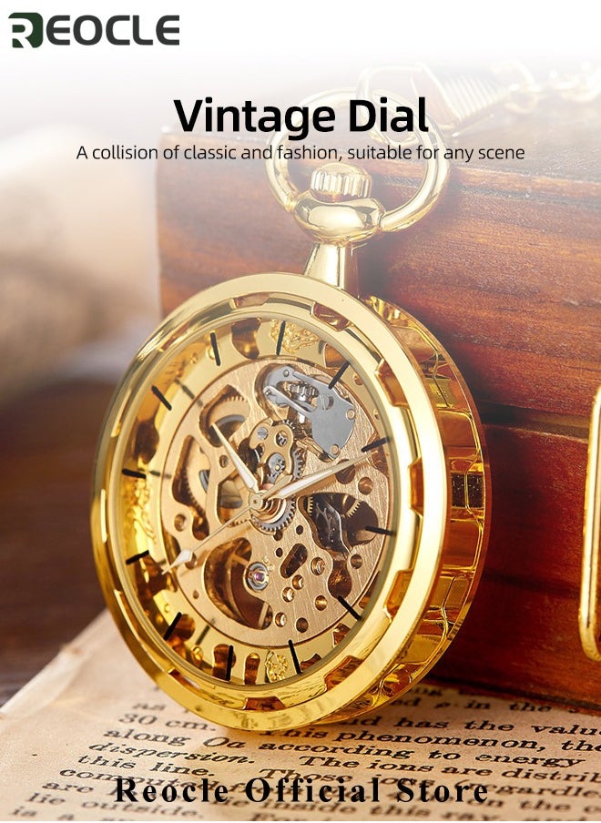 REOCLE Retro Pocket Watch Hollow Exquisite Vintage Pocket Watch with Roman Numerals & Chain Manual Mechanical Pocket Watch for Father Day or Birthday Gift  - Image 2