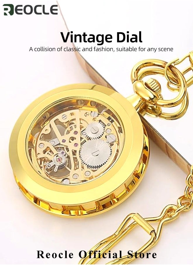 REOCLE Retro Pocket Watch Hollow Exquisite Vintage Pocket Watch with Roman Numerals & Chain Manual Mechanical Pocket Watch for Father Day or Birthday Gift  - Image 3