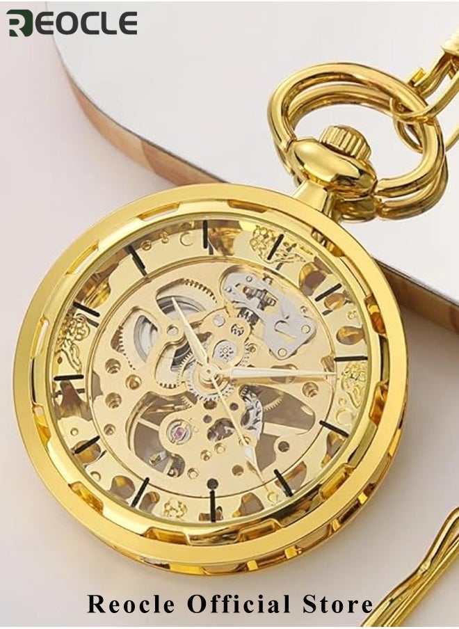 REOCLE Retro Pocket Watch Hollow Exquisite Vintage Pocket Watch with Roman Numerals & Chain Manual Mechanical Pocket Watch for Father Day or Birthday Gift  - Image 5