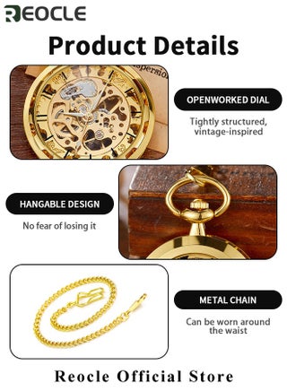 Retro Pocket Watch Hollow Exquisite Vintage Pocket Watch with Roman Numerals & Chain Manual Mechanical Pocket Watch for Father Day or Birthday Gift - view 4