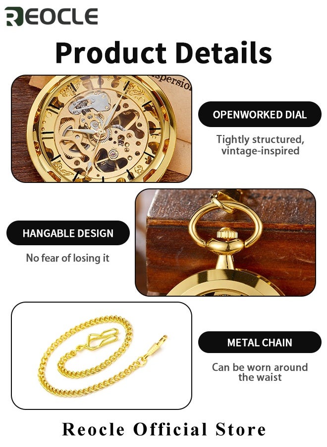 REOCLE Retro Pocket Watch Hollow Exquisite Vintage Pocket Watch with Roman Numerals & Chain Manual Mechanical Pocket Watch for Father Day or Birthday Gift  - Image 4