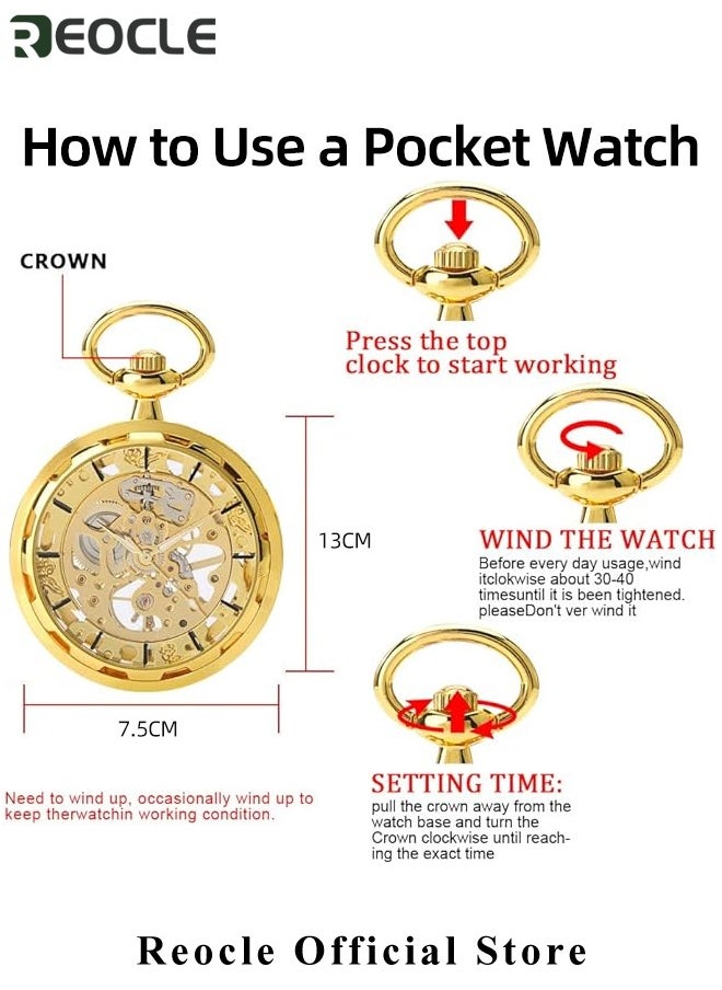 Retro Pocket Watch Hollow Exquisite Vintage Pocket Watch with Roman Numerals & Chain Manual Mechanical Pocket Watch for Father Day or Birthday Gift
