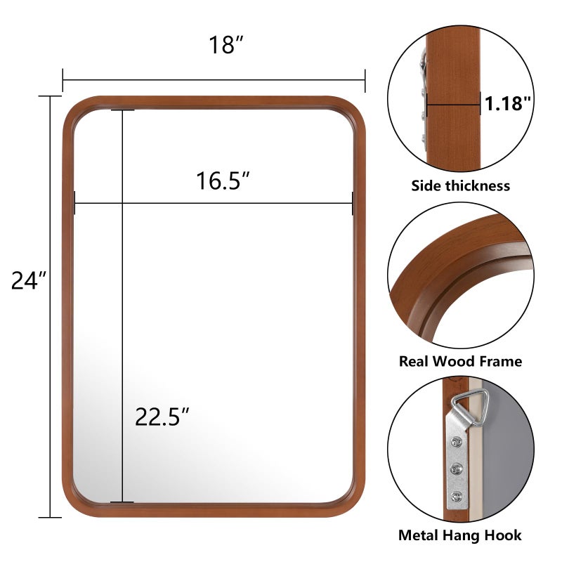 WallBeyond 18x24 Inch Wood Mirror for Bathroom, Wooden Frame Wall Mirror Farmhouse Wall Mounted Rectangle Mirror for Vanity (Horizontal/Vertical Walnut Color) - Image 5