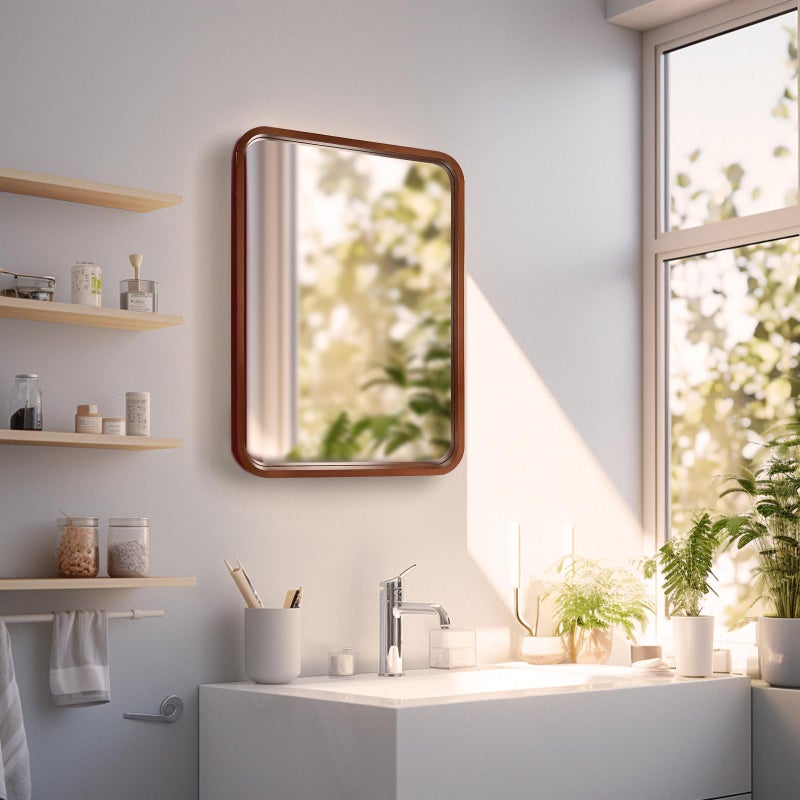 WallBeyond 18x24 Inch Wood Mirror for Bathroom, Wooden Frame Wall Mirror Farmhouse Wall Mounted Rectangle Mirror for Vanity (Horizontal/Vertical Walnut Color) - Image 3