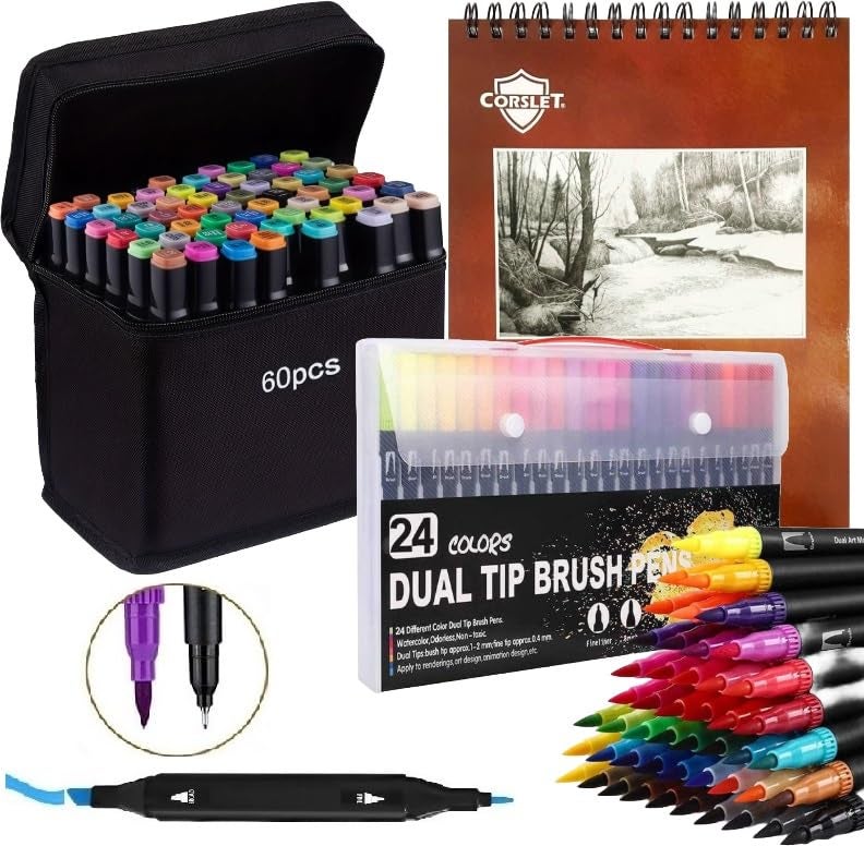 Corslet مجموعة فنون كورسلت 85 قطعة - تشمل 60 قلم ماركر كحول مزدوج الطرف، 24 قلم فرشاة مزدوج الطرف، و1 دفتر ماركر مقاوم للتسرب (200 جرام) - مثالي للرسم، والتخطيط، والخط - ومناسب لجميع الأعمار - Image 1