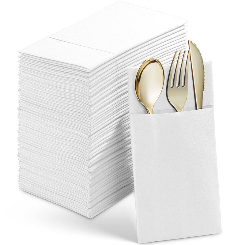 Servietto Disposable Linen-Feel Dinner Napkins With Built-in Flatware Pocket  50-Pack WHITE Prefolded Cloth Like Paper Napkins For Wedding  Dinner Or Party - Image 1