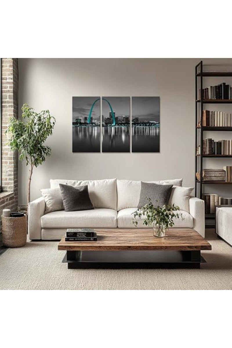 Artbrush Tower St. Louis Skyline Wall Art Gateway Arch Wall Decor Picture Canvas Print Black and White City Posters Painting Framed Home Living Room Bedroom Decoration 3 Piece Ready to Hang - Image 3
