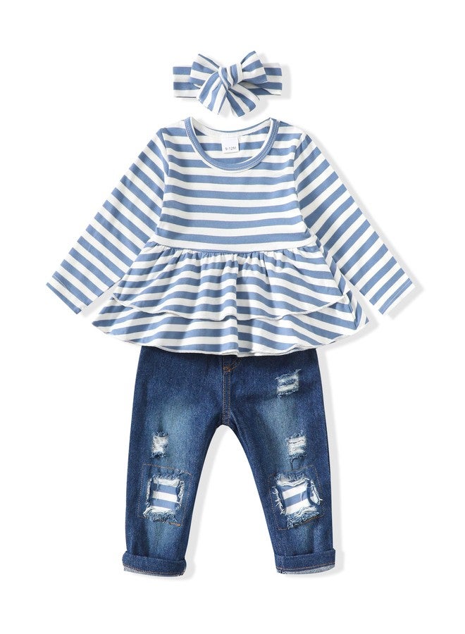 SODLON Baby Girl Winter Outfits - 12-18 Months Ruffle Striped Top & Ripped Denim Pants Sets for Girls Blue - Image 1