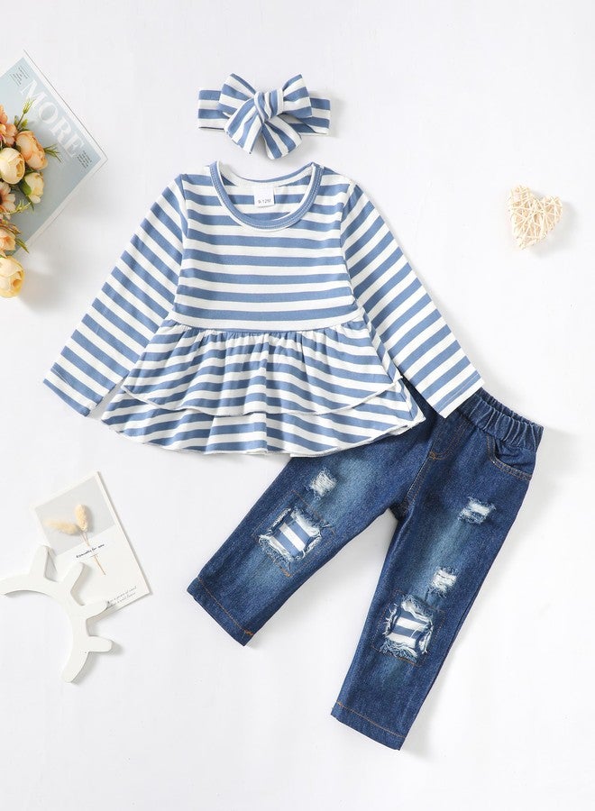 SODLON Baby Girl Winter Outfits - 12-18 Months Ruffle Striped Top & Ripped Denim Pants Sets for Girls Blue - Image 2