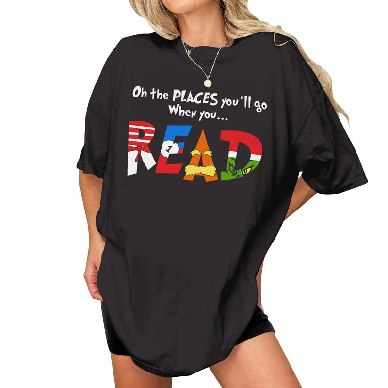 DIGForest The Places Reading Teacher Shirt Women - Read Across America Teacher Shirts Women - Read More Books Character Tshirt for Reading Day - 100 Days of School Tee for Sped Teachers (Black-M) - Image 1