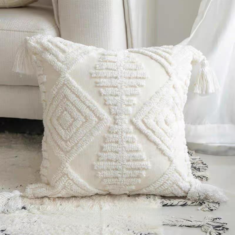 KITTMIN Boho Throw Pillows, 18x18 Pillow Covers,Bohemian Cushion Case, Textured Moroccan Throw Pillow Cover,Decorative Farmhouse Neutral Pillowcase for Couch Sofa Bedroom Living Room Home Decor White - Image 3
